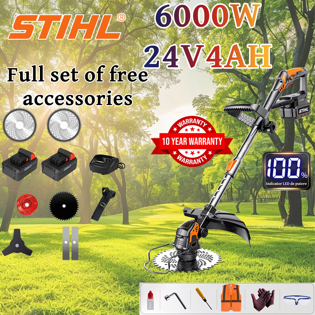 [Normal model] Lawn mower (6000w24V4AH) + alloy blade * 2 + alloy saw blade * 2 + alloy cutting head * 1 + three-blade knife * 1 + charger + battery * 2 + belt * 1 + other accessories