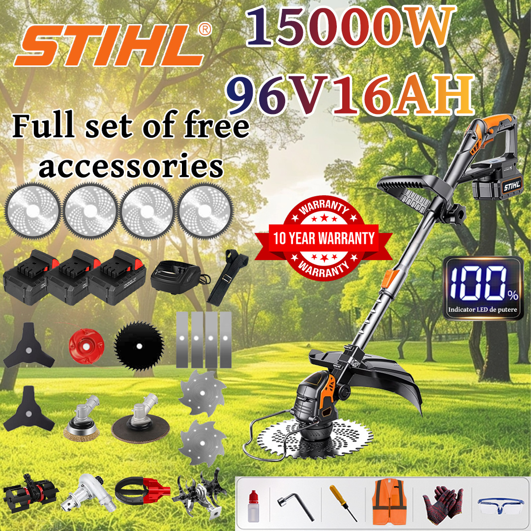 [Upgraded Luxury/Recommended Model] Lawn Mower (15000w96V16AH) + Power Display + Tillage Head*1 + Trenching Wheel*1 + Alloy Blade*4 + Alloy Saw Blade*4 + Alloy Cutting Head*1 + Triple-blade Knife*2 + Anti-blocking Blade*1 + Steel Knife*2 + Snow Removal*1 + Charger+Battery*3+Handle*1+Fruit Picker*1+Grinding Head*1+Sanding Head*1+Other Accessories+10 Years Warranty